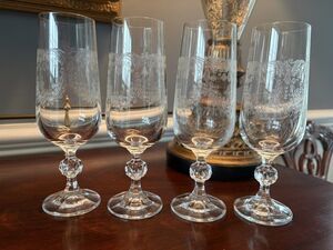 Vintage Bohemia Crystal Champagne Flutes Queen's Lace Set of 4 Mint